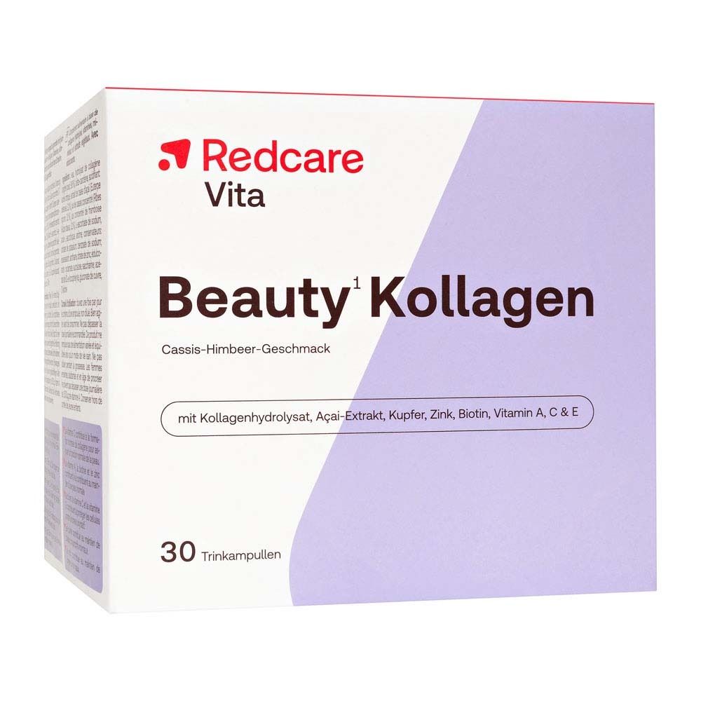 Een pak Redcare Beauty Collageen drinkampullen, 30 stuks, met cassis-frambozensmaak.