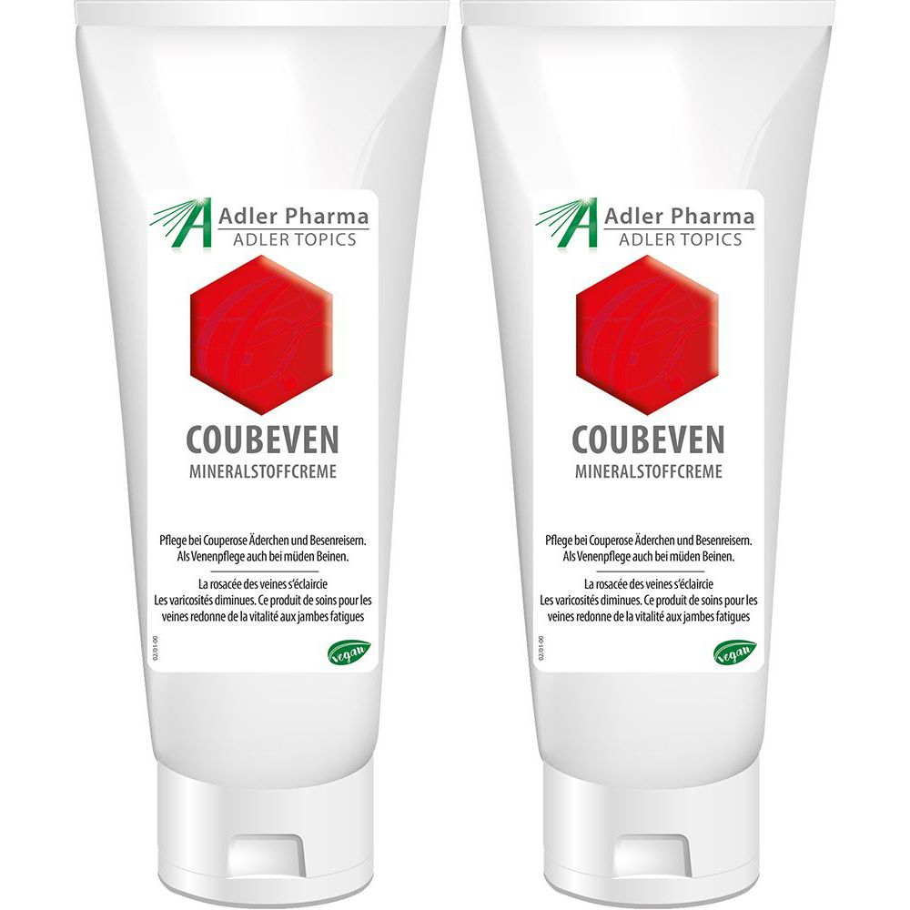 Twee tubes COUBEVEN Mineralstoffcreme. Wit, met rood logo en tekst. Adler Pharma.