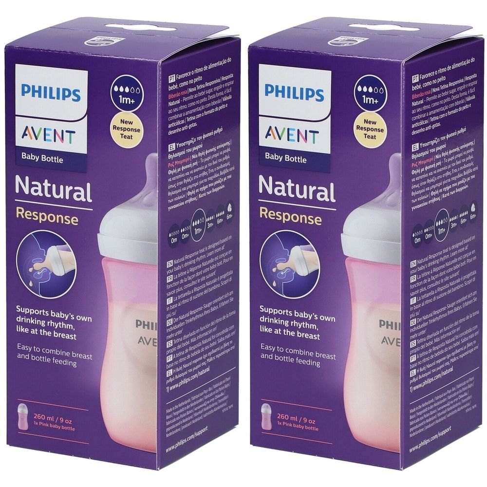 Deux boîtes de biberons Philips Avent Natural Response. Emballage violet avec image de biberon et informations produit.