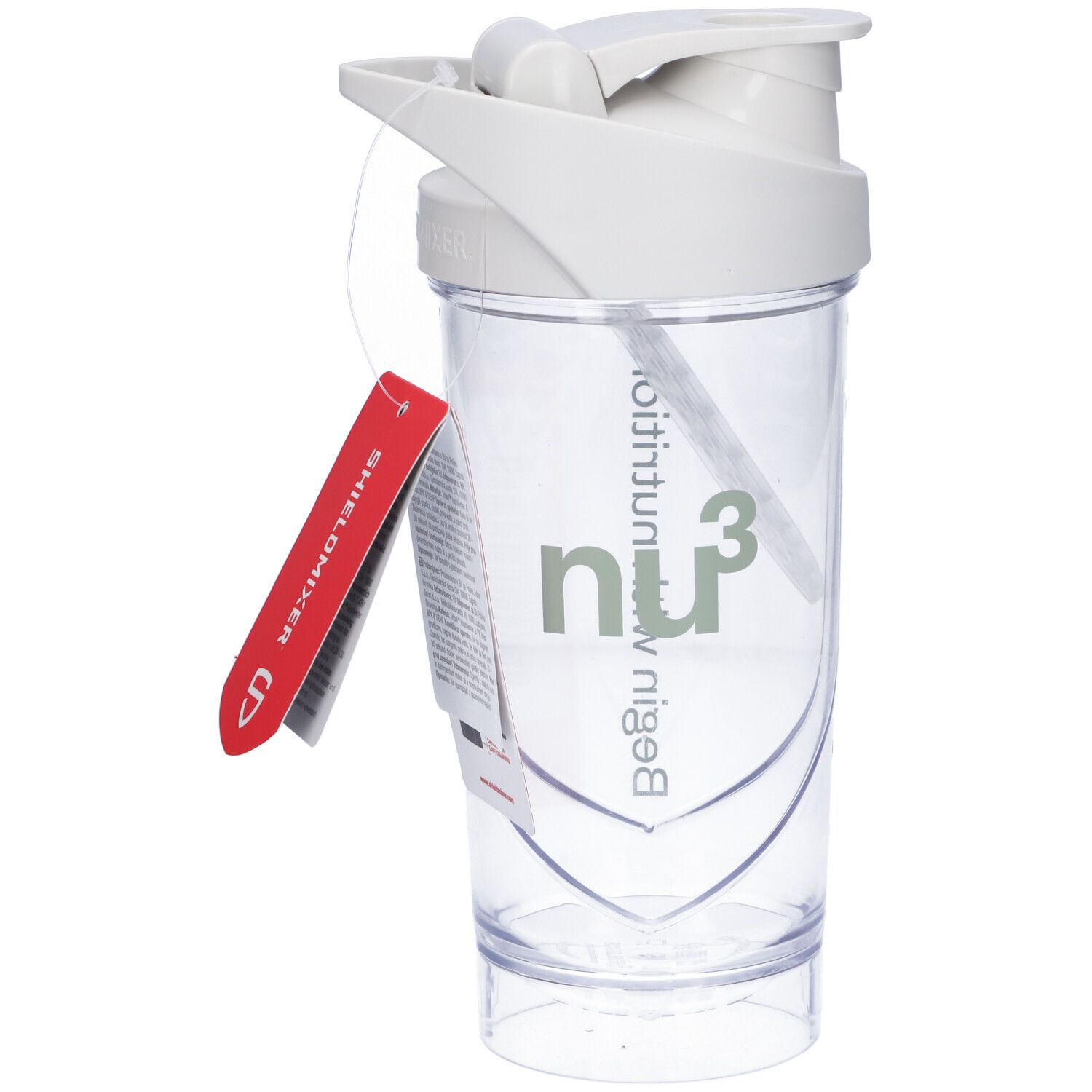 Witte shaker met wit deksel en groen logo. Transparante container. Rood label met tekst. Bevat een mixbal.