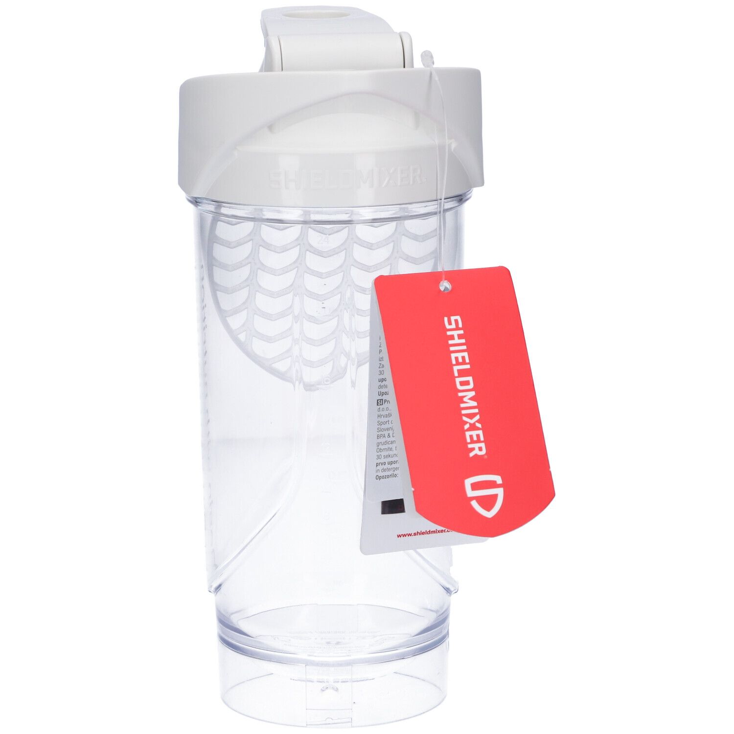Witte shaker met wit deksel. Transparante container. Rood label met tekst. Zonder mixbal.