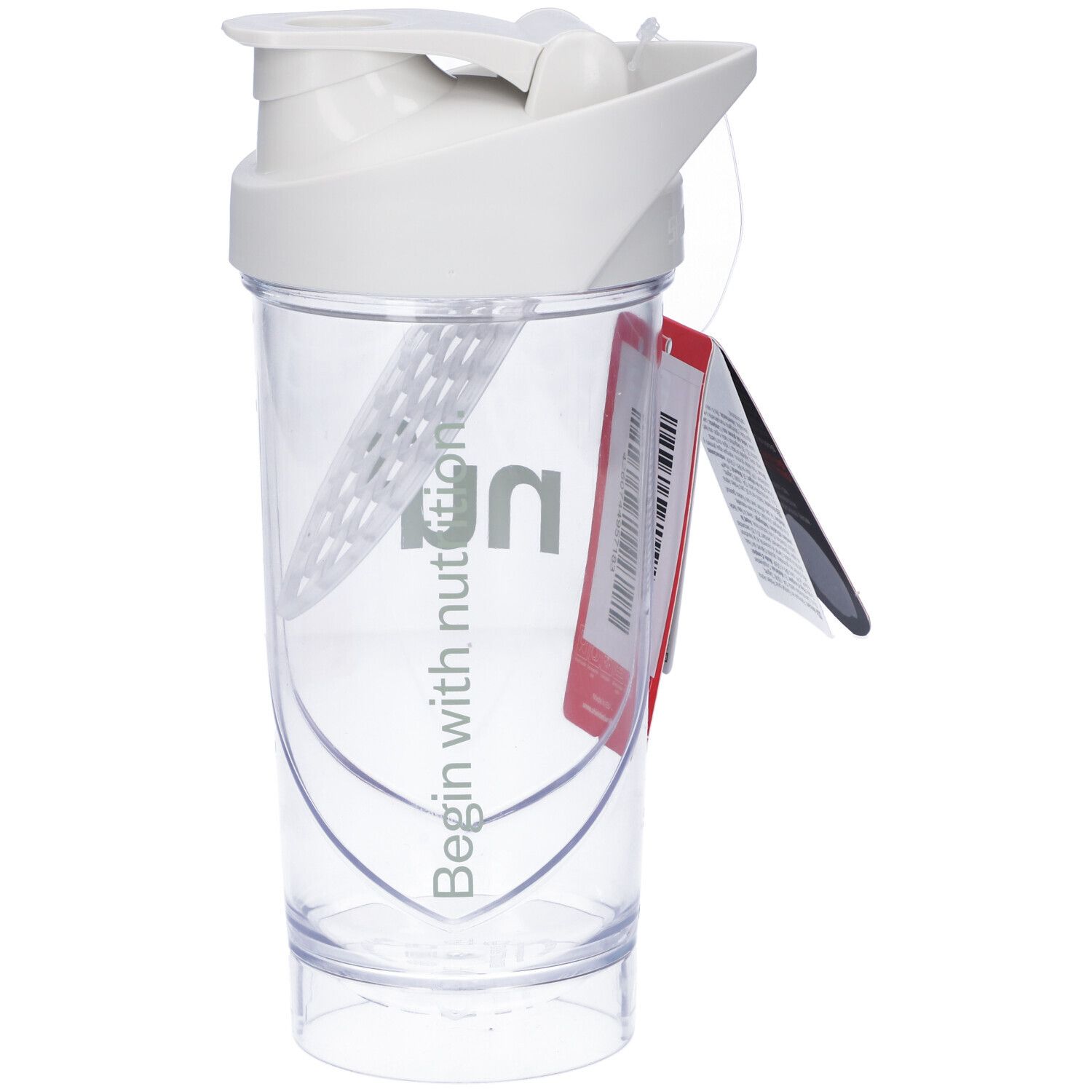 Witte shaker met wit deksel en groen logo. Transparante container. Rood label met tekst. Bevat een mixbal.