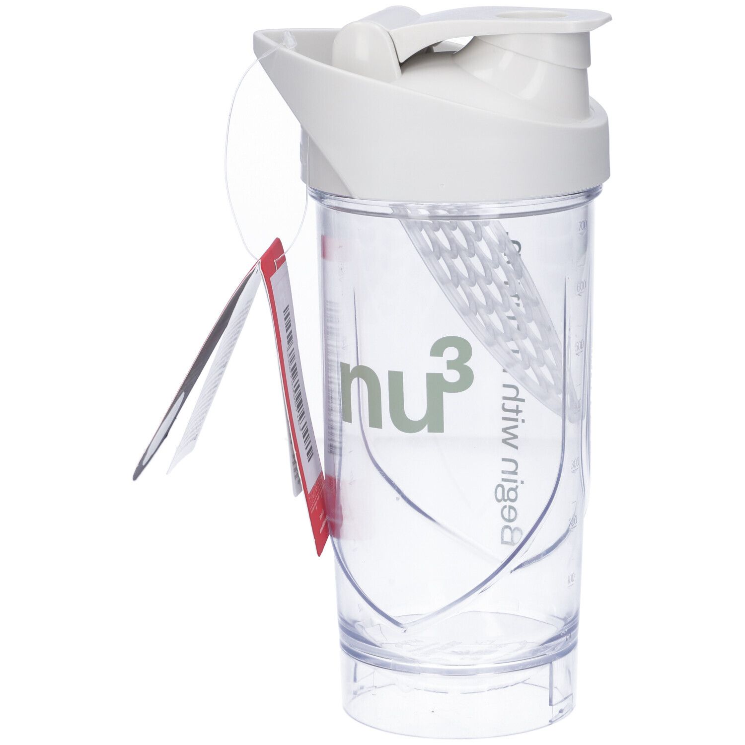 Witte shaker met wit deksel en groen logo. Transparante container. Rood label met tekst. Zonder mixbal.
