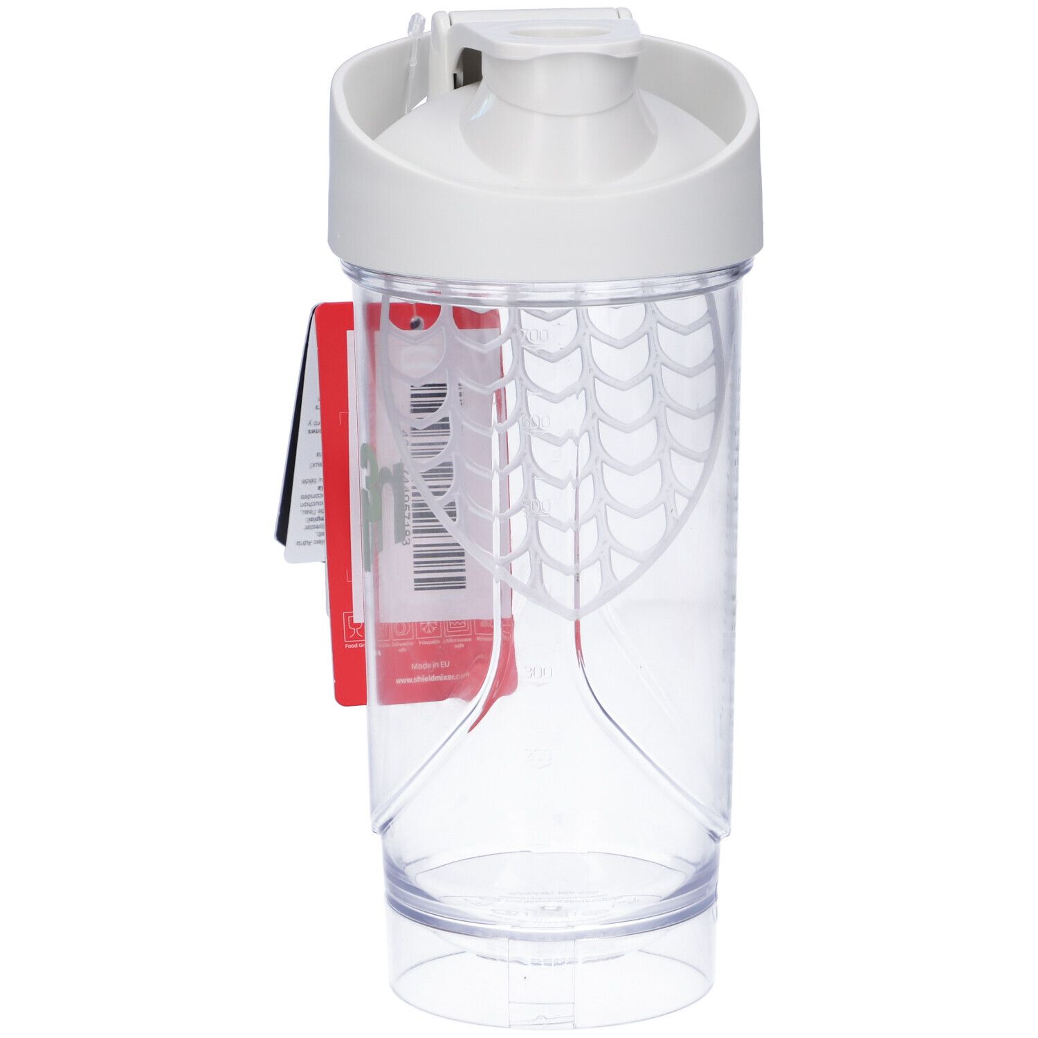 Witte shaker met wit deksel. Transparante container. Rood label met tekst. Zonder mixbal.