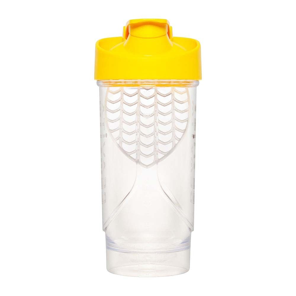 Shaker transparent avec couvercle jaune. Contient un insert blanc.