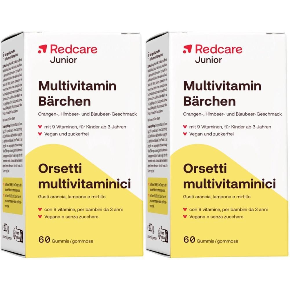 Twee pakken Redcare Junior Multivitamine-beertjes, 60 gummies per pak, met 2=1 aanbieding.