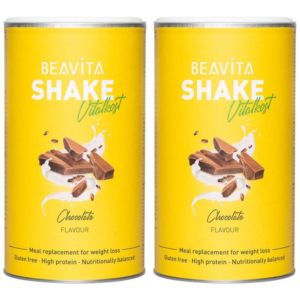 Deux boîtes jaunes avec "BEAVITA SHAKE Vitalkost" et une image de chocolat. Texte : "Meal replacement for weight loss".