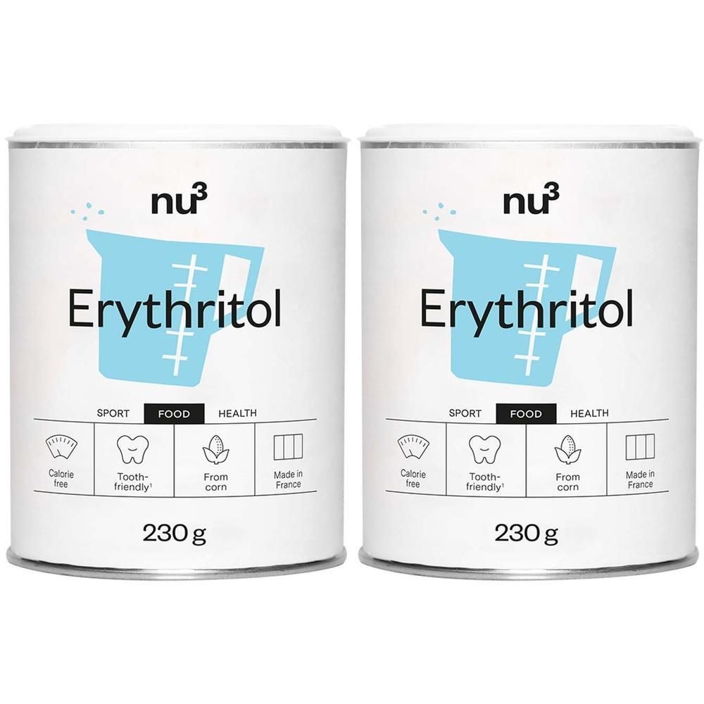 Twee blikken nu3 Erythritol, elk 230g. Calorievrij, tandvriendelijk, van maïs, geproduceerd in Frankrijk.