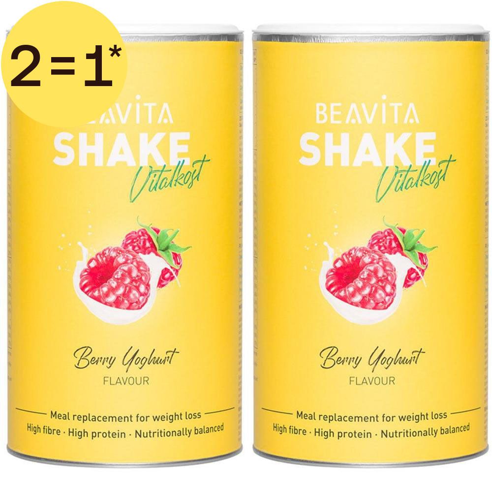 Twee blikken BEAVITA Vitalkost Diät-Shake Framboos-Yoghurt met frambozen en yoghurt op een gele achtergrond.