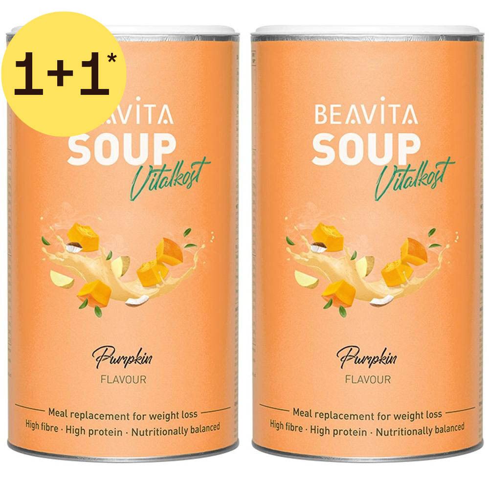Twee blikken pompoensoep van BEAVITA, 1+1 aanbieding.