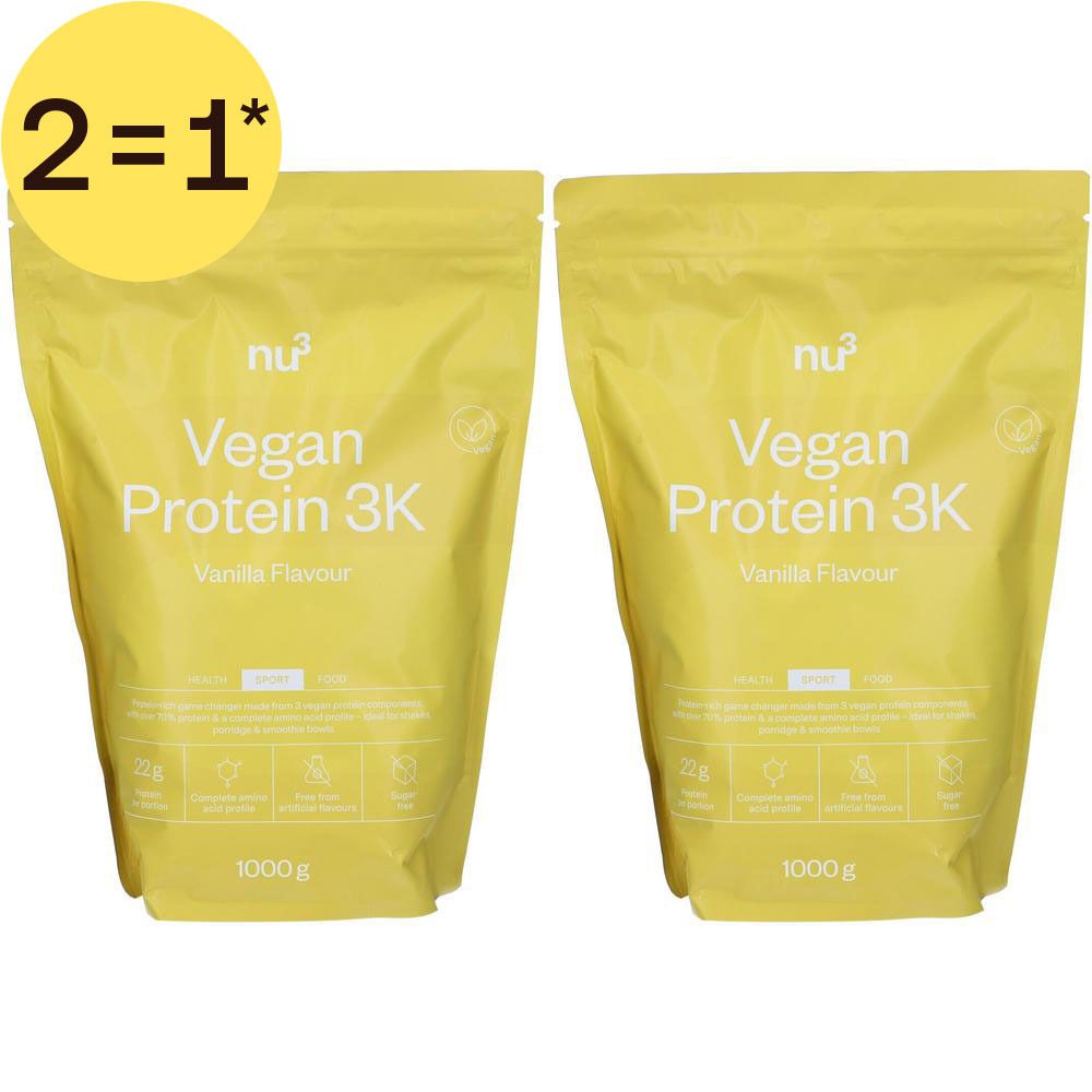Twee zakken nu3 Vegan Protein 3K Vanillesmaak, 1000g.
