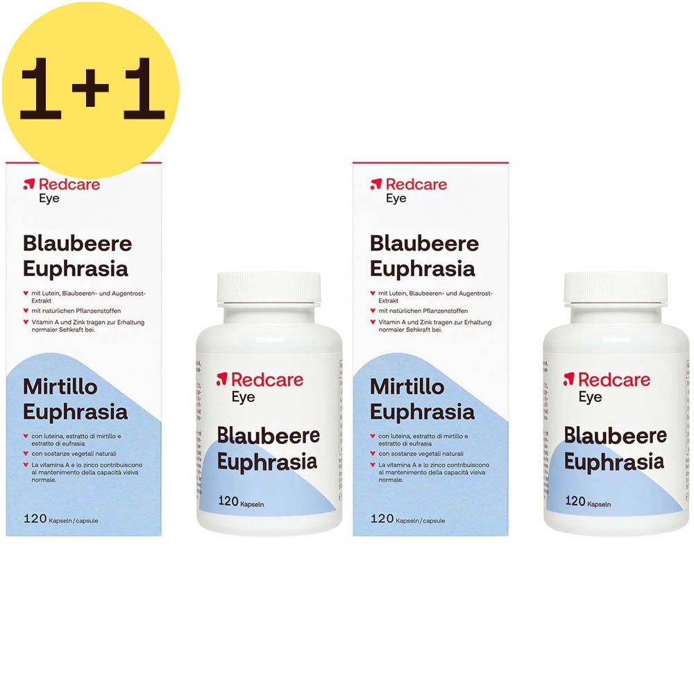 Redcare Eye Blaubeere Euphrasia. Pack de 1+1. Flacons et boîtes blancs avec capsules. Inscription : 120 capsules.