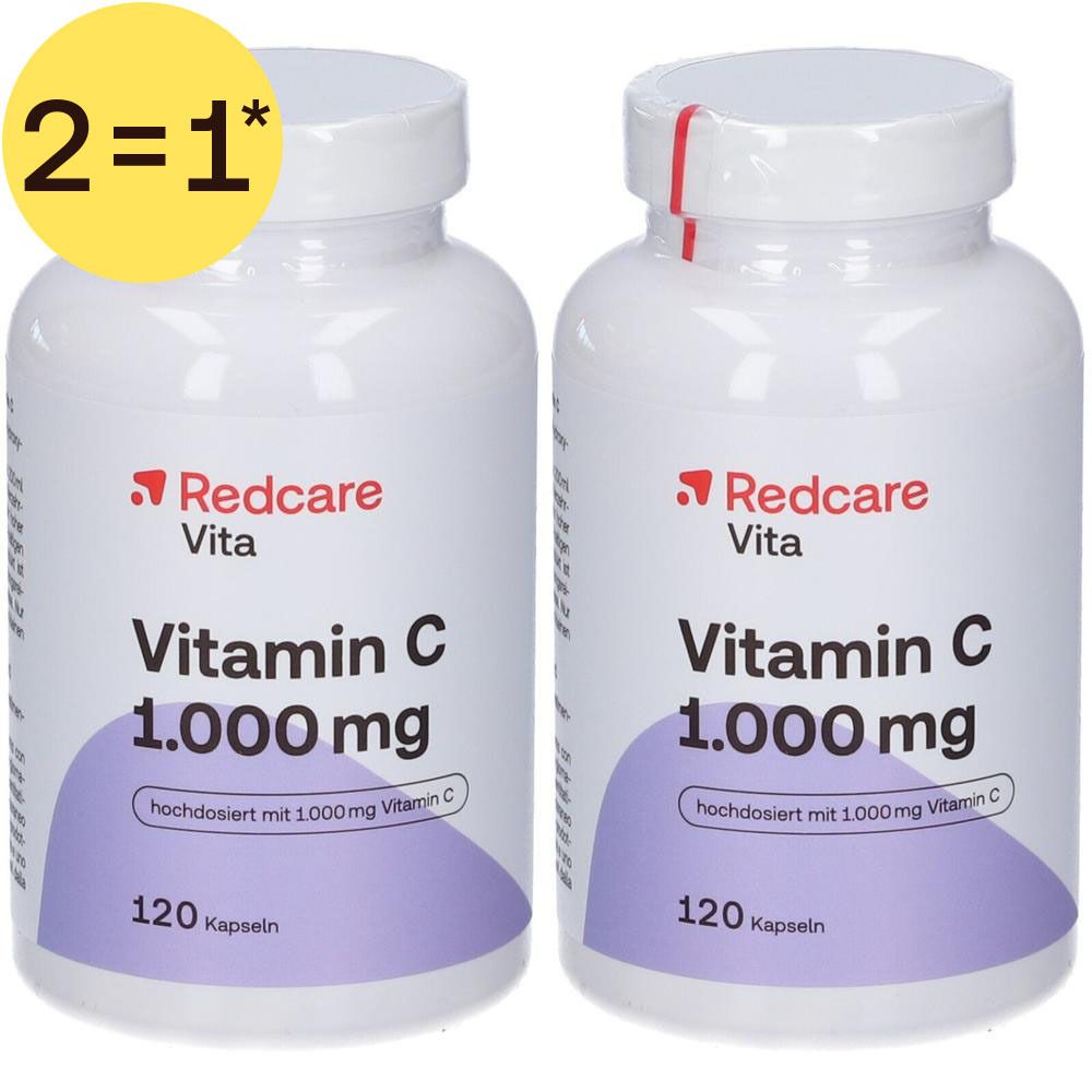 Twee Redcare Vita Vitamine C 1.000 mg capsuleflessen, 2=1 aanbieding.