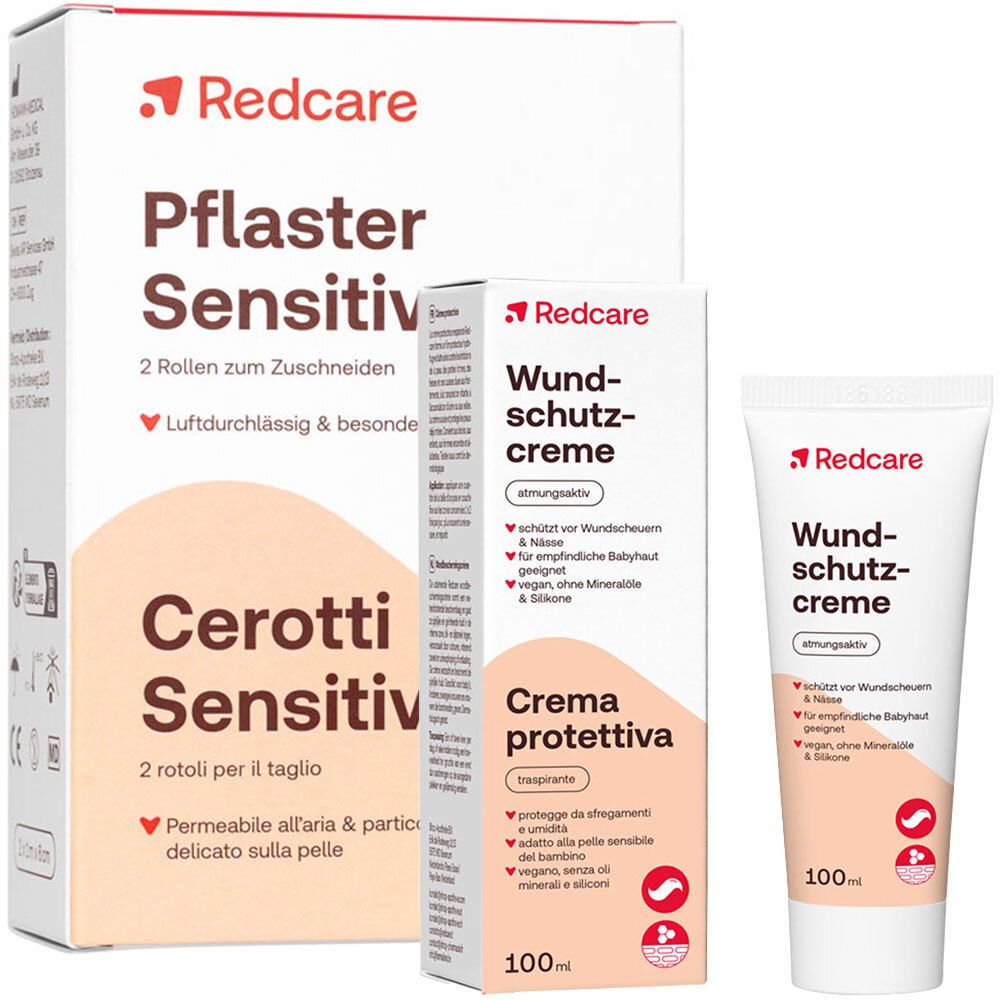Verpakking met Redcare Pflaster Sensitiv en twee tubes Wundschutzcreme. Opschrift: Wundschutzcreme, 100ml.