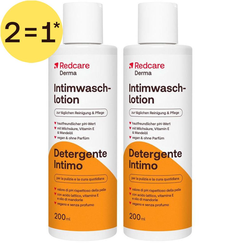 Twee flessen Redcare Derma Intimwaschlotion, elk 200ml, "2=1" aanbieding.