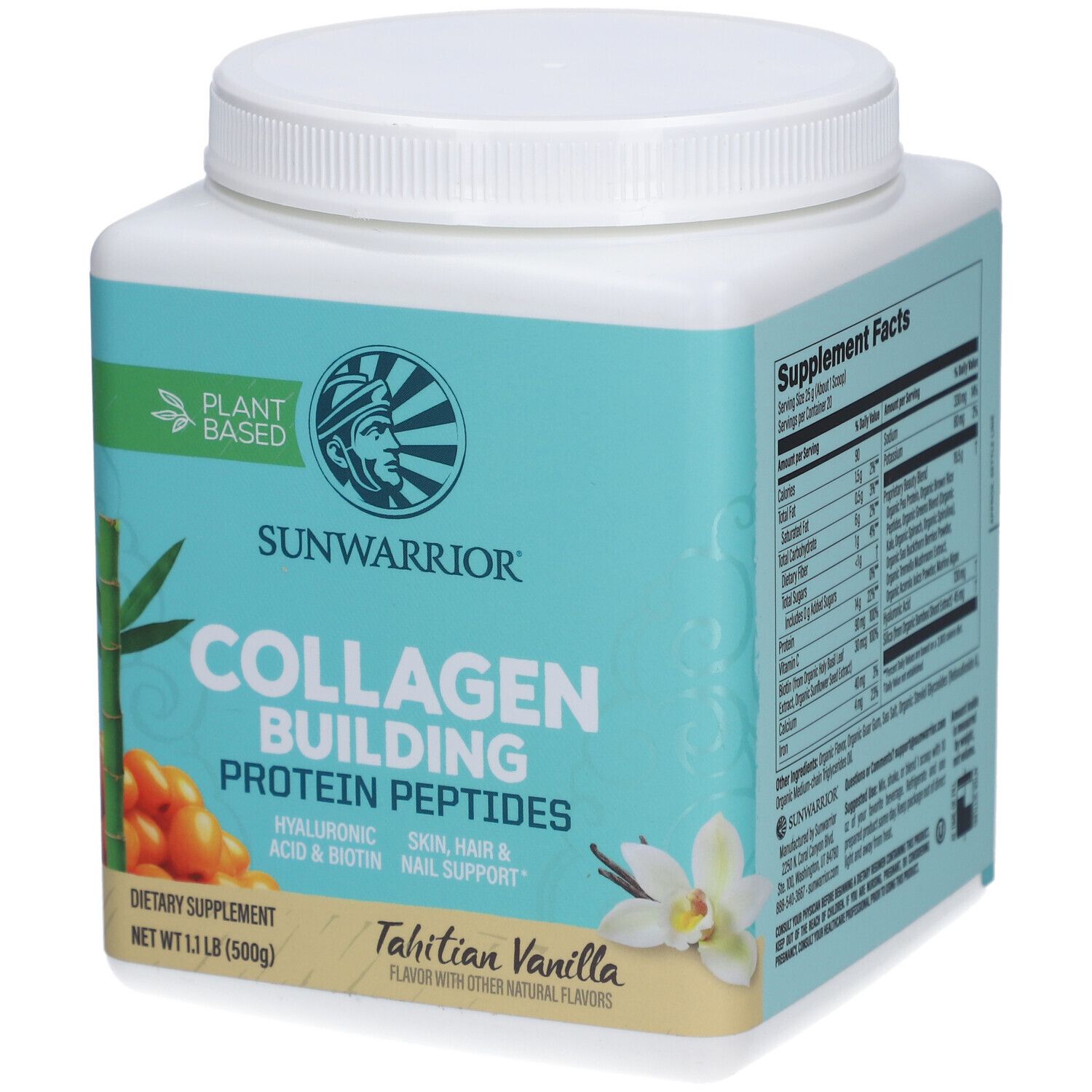 Récipient blanc avec couvercle. Inscription : SUNWARRIOR, peptides de collagène, Tahitian Vanilla. À base de plantes.
