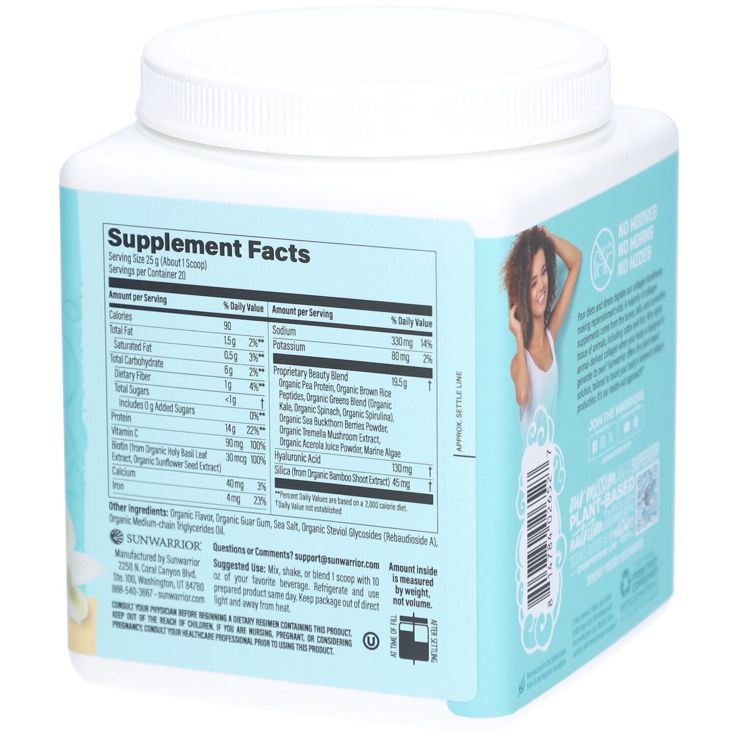 Récipient avec informations nutritionnelles. Texte : Supplement Facts. Informations sur les ingrédients et la marque.