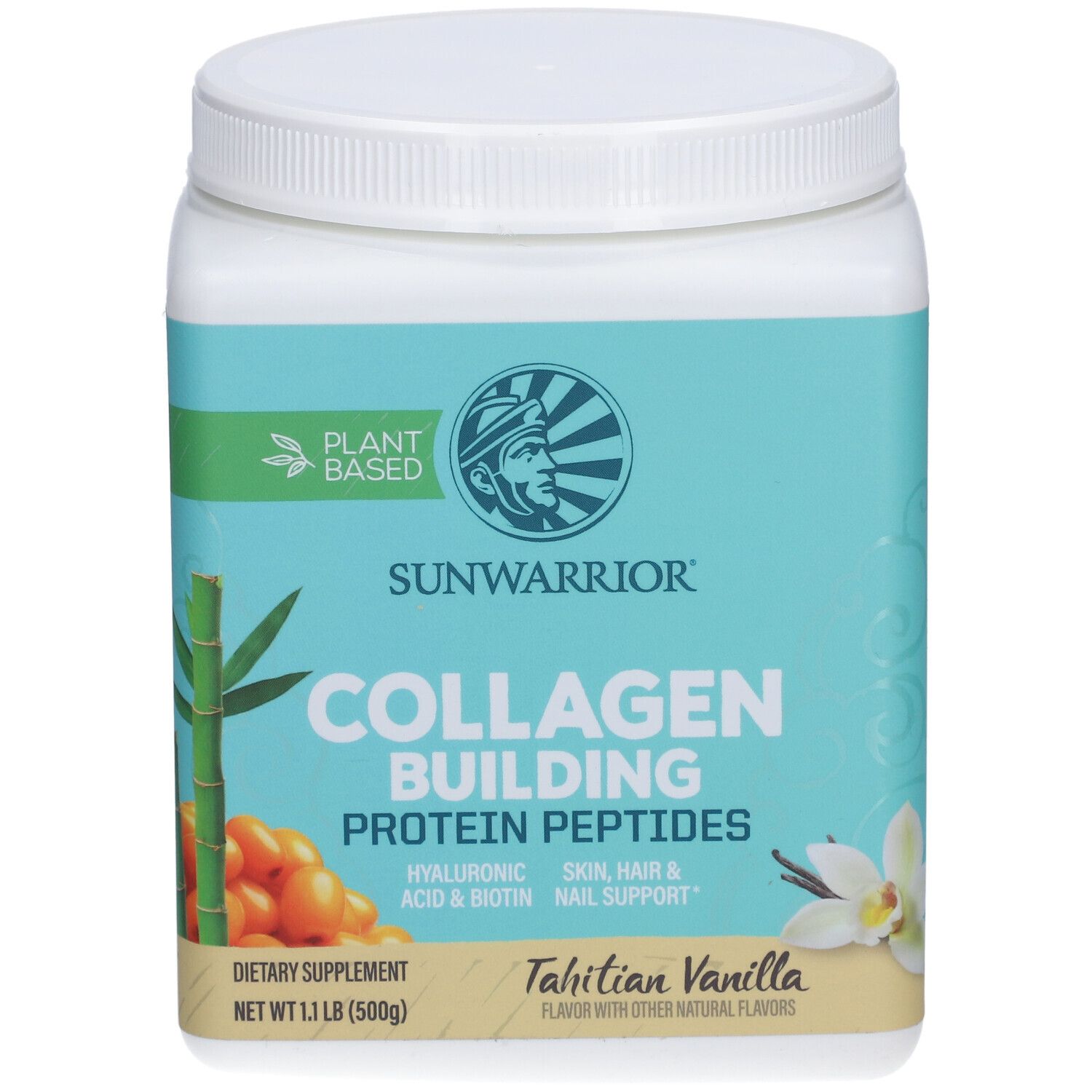 Récipient blanc avec couvercle. Inscription : SUNWARRIOR, peptides de collagène, Tahitian Vanilla. À base de plantes.