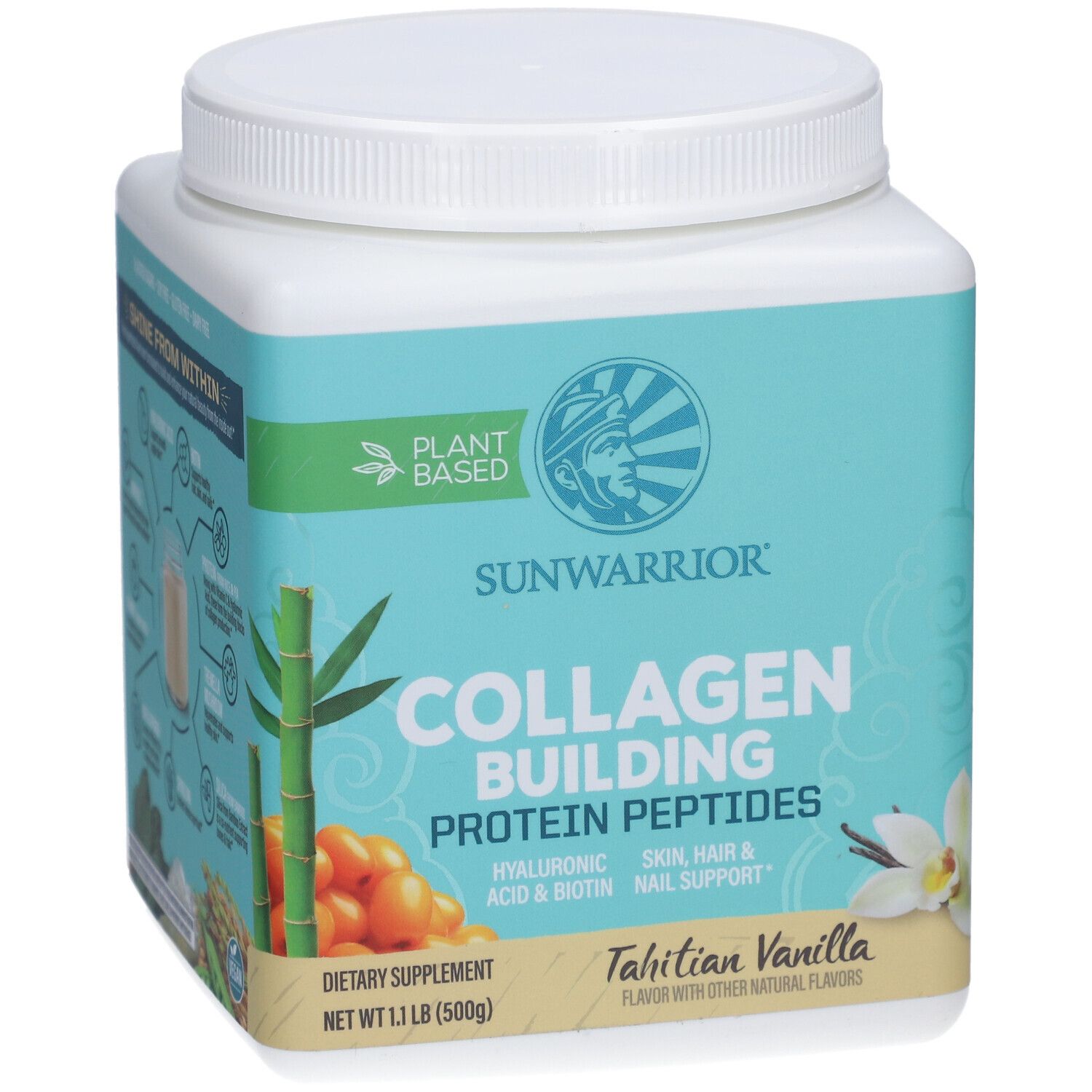 Récipient blanc avec couvercle. Inscription : SUNWARRIOR, peptides de collagène, Tahitian Vanilla. À base de plantes.