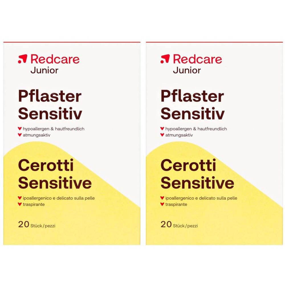 Deux paquets de pansements Redcare Junior Sensitiv, 20 pansements chacun.