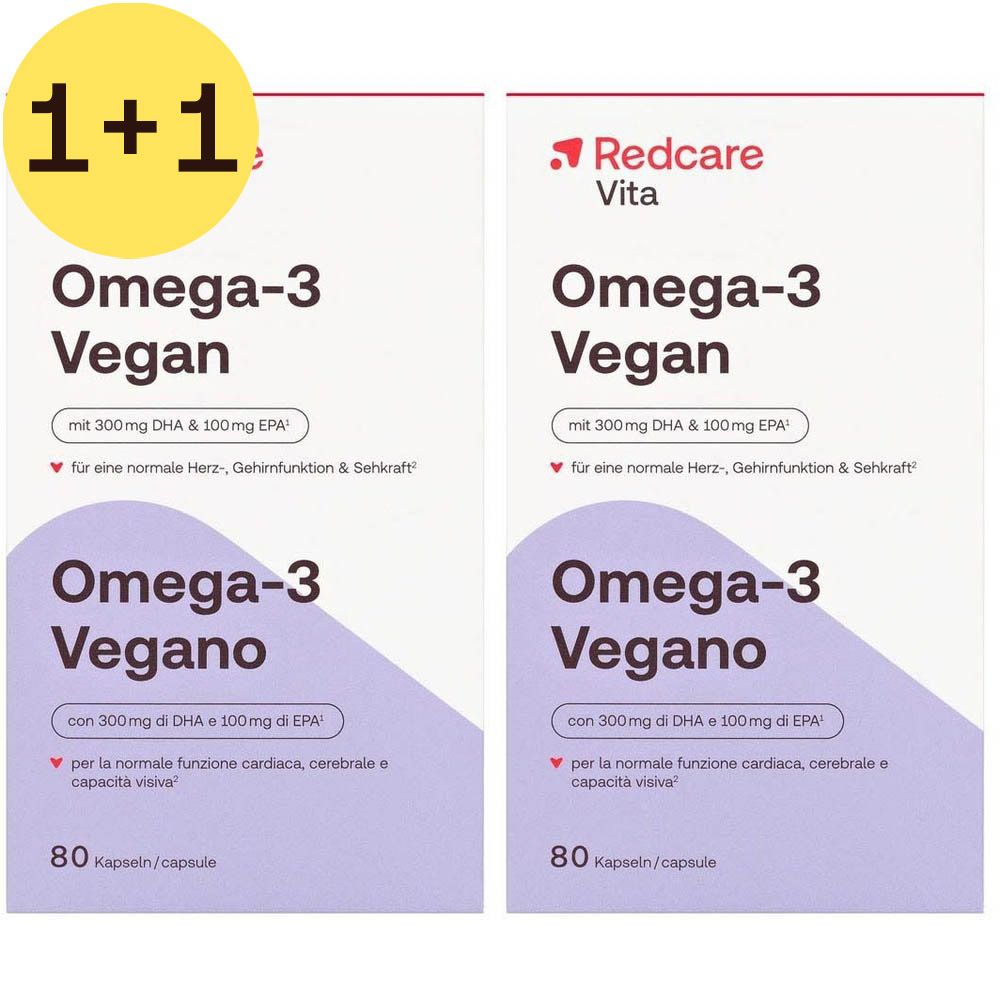Deux boîtes de Redcare Omega-3 Vegan. Sur une boîte : 1+1 gratuit. Sur chaque boîte : Omega-3 Vegan, 80 capsules.