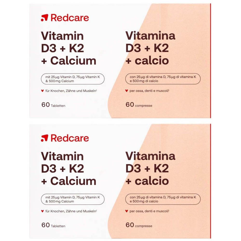 Twee verpakkingen Redcare Vita Vitamine D3 + K2 + Calcium. 60 tabletten. Opschrift: Vitamine D3 + K2 + Calcium.