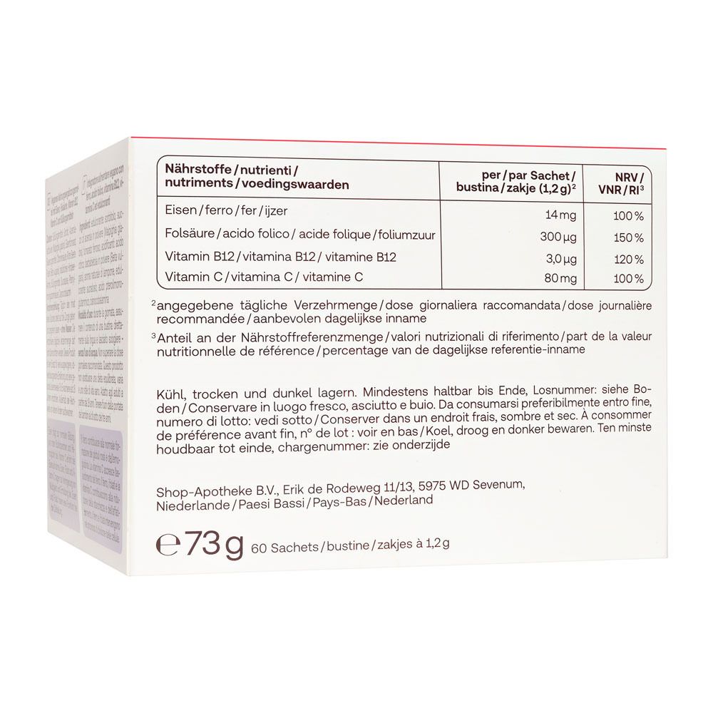 Dos de la boîte Redcare Vita Eisen Plus Direkt. Tableau nutritionnel.