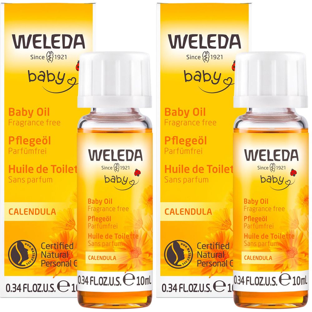 Twee flessen babyolie met gele verpakkingen. Opschrift: WELEDA Baby, Calendula, parfumvrij. Gecertificeerd natuurproduct.