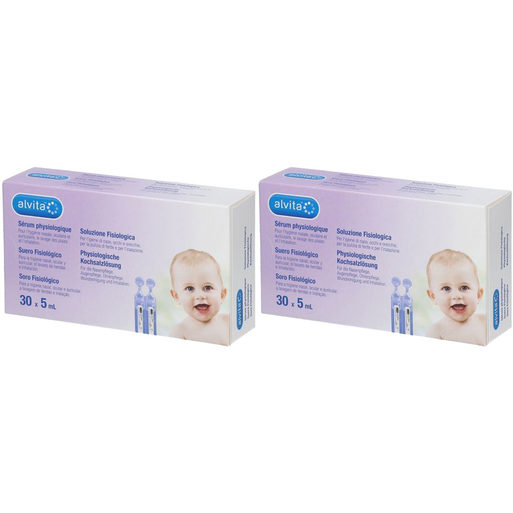 Deux boîtes avec impressions de produits. Inscription : alvita, Sérum physiologique, 30,5 ml. Image d'un bébé et d'ampoules.