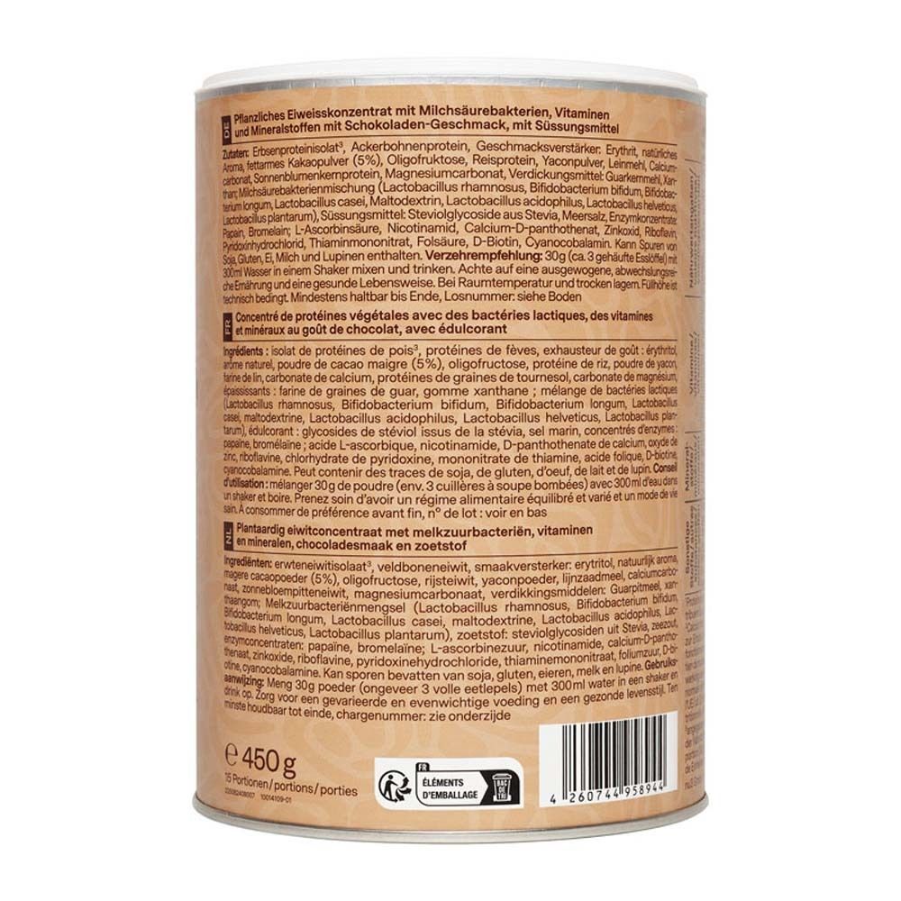 Dos de la boîte. Liste des ingrédients, informations nutritionnelles et recommandations d'utilisation. Texte en allemand et français. 450g. 15 portions.