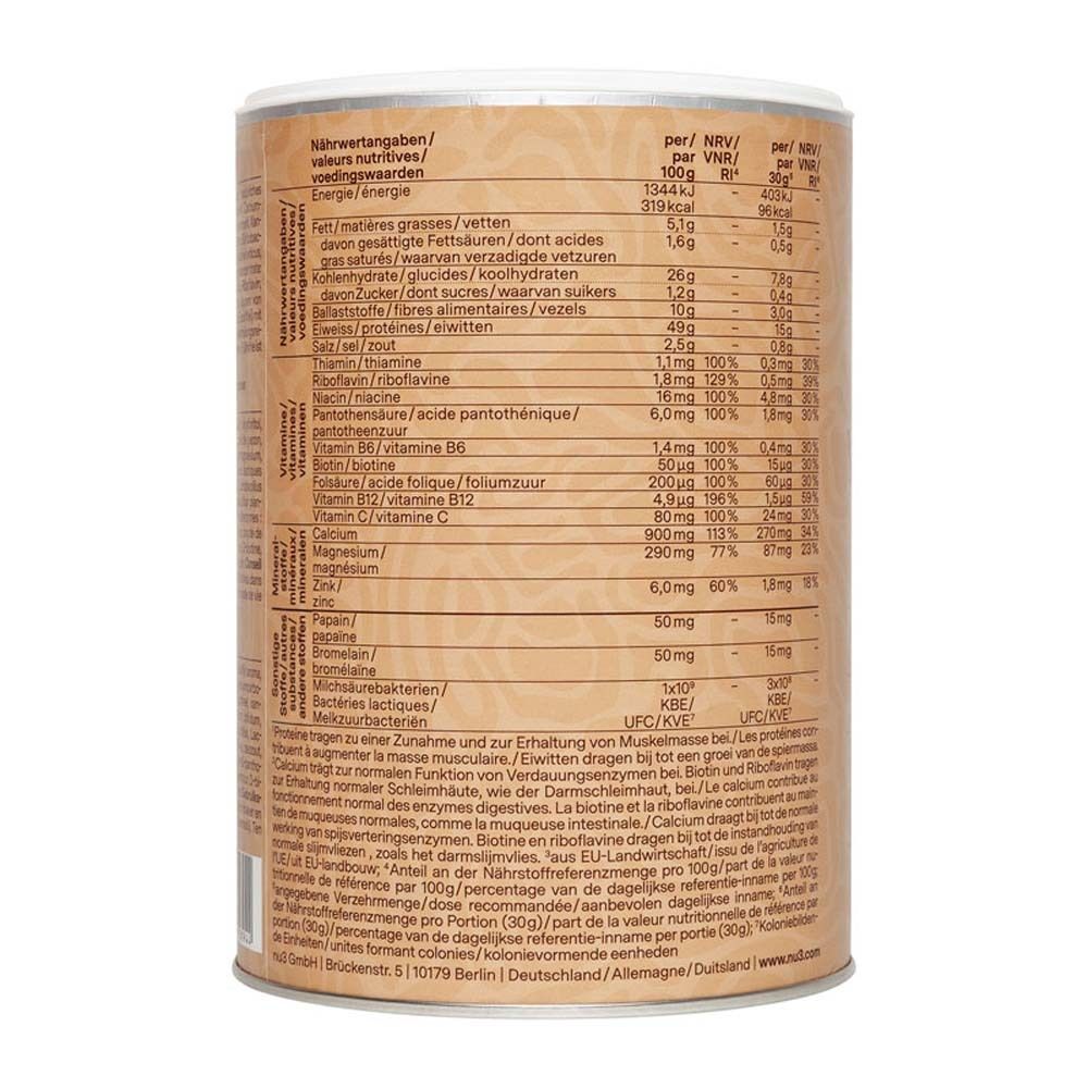 Informations nutritionnelles sur la boîte. Informations pour 100g et par portion. Tableau avec énergie, matières grasses, glucides, protéines, etc.