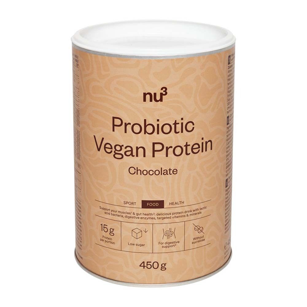 Boîte marron avec couvercle blanc. Inscription: nu3 Probiotic Vegan Protein Chocolate. 15g protéines par portion, 450g.