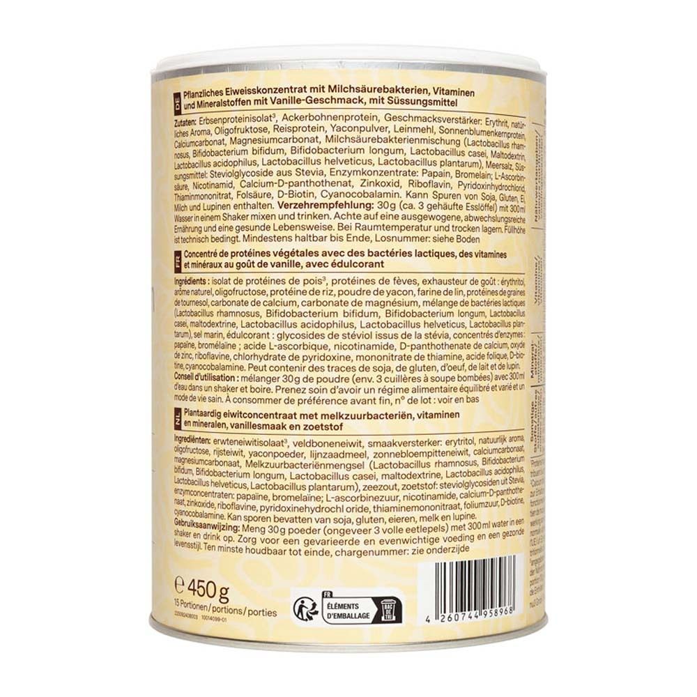 Dos de la boîte avec liste des ingrédients et informations nutritionnelles. Texte en allemand, français et néerlandais.
