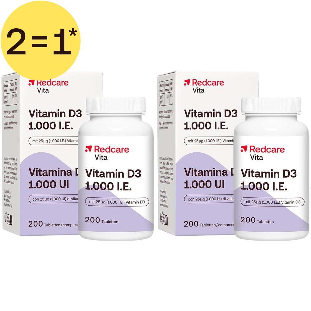 Twee verpakkingen Redcare Vitamine D3 1000 IE, elk met 200 tabletten.
