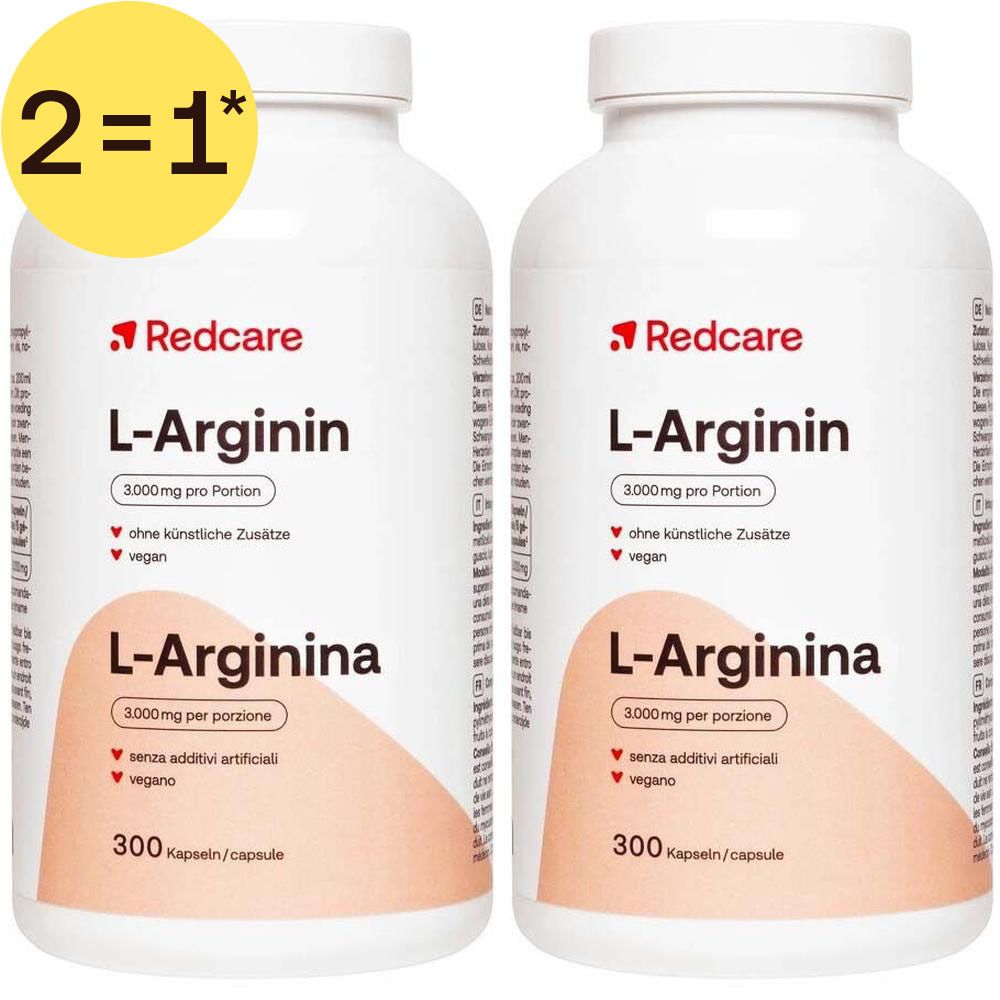 Deux flacons de Redcare L-Arginine, 300 gélules par flacon.