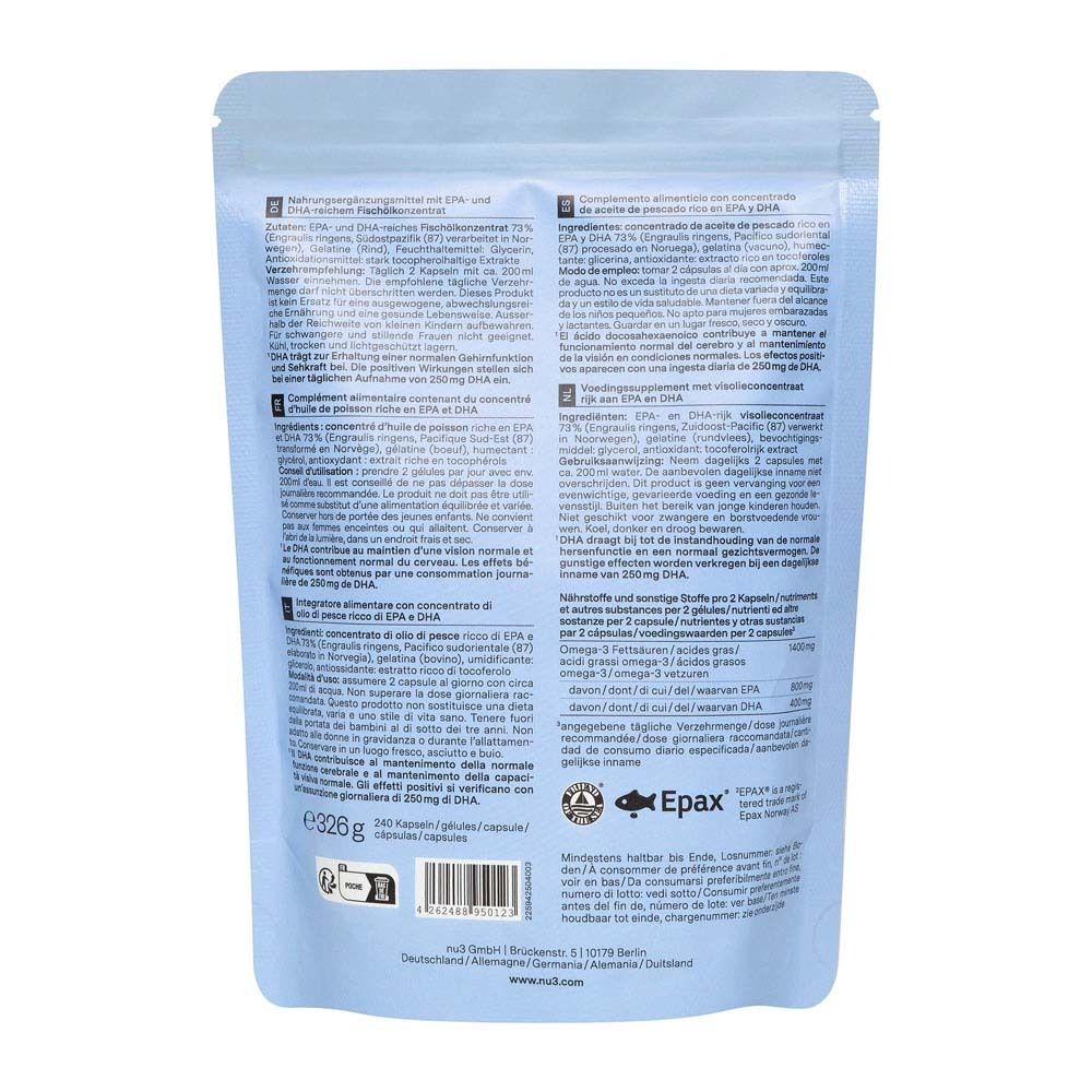 Dos du sachet bleu clair avec texte multilingue. Contient des informations sur les ingrédients et la valeur nutritionnelle.