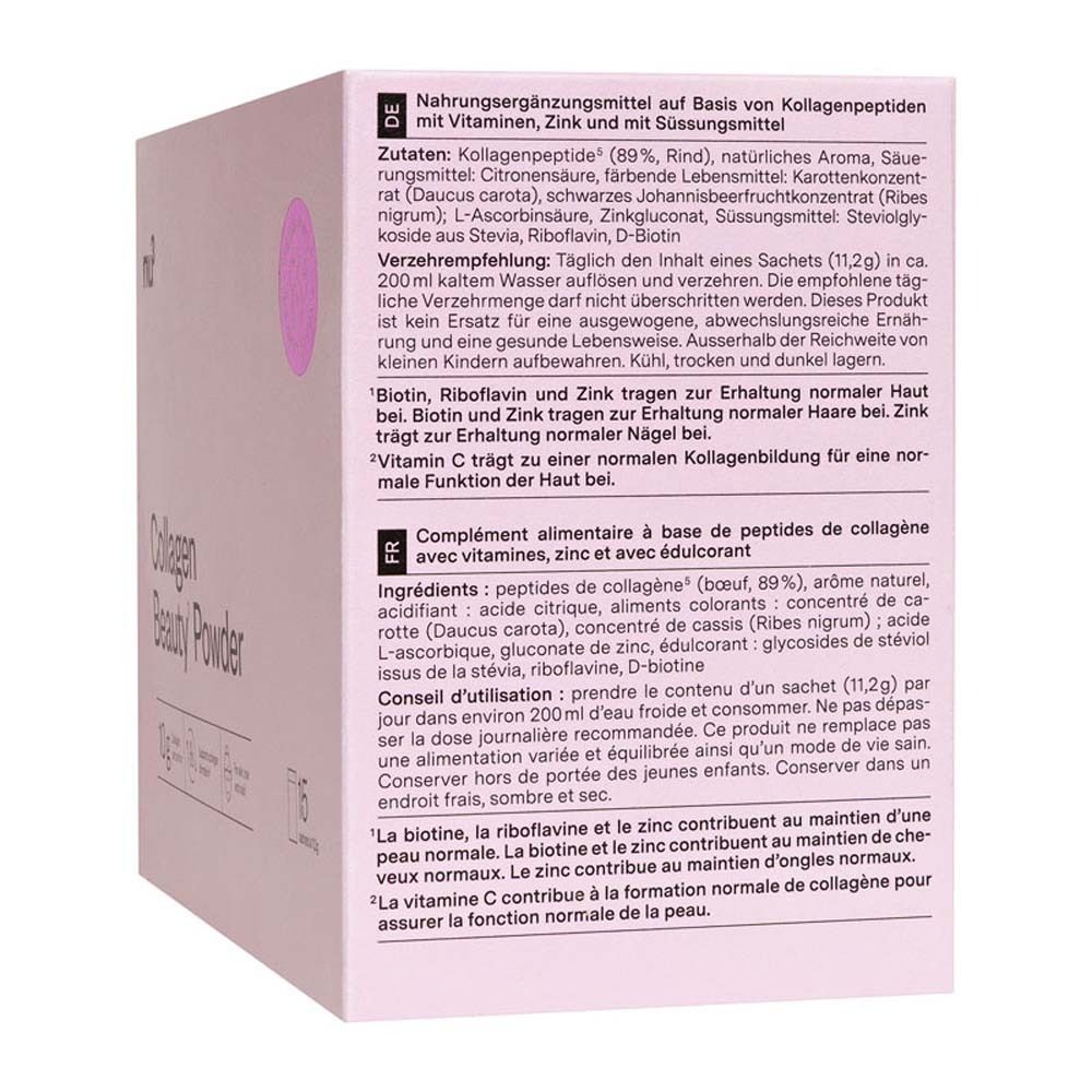 Roze verpakking met tekst en ingrediënten. Bevat Collagen Beauty' Powder.