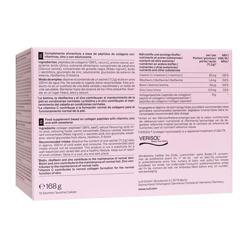 Achterkant van de roze verpakking met tekst en ingrediënten. Bevat Collagen Beauty' Powder.