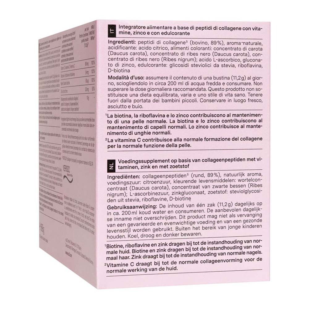 Achterkant van de roze verpakking met tekst en ingrediënten. Bevat Collagen Beauty' Powder.