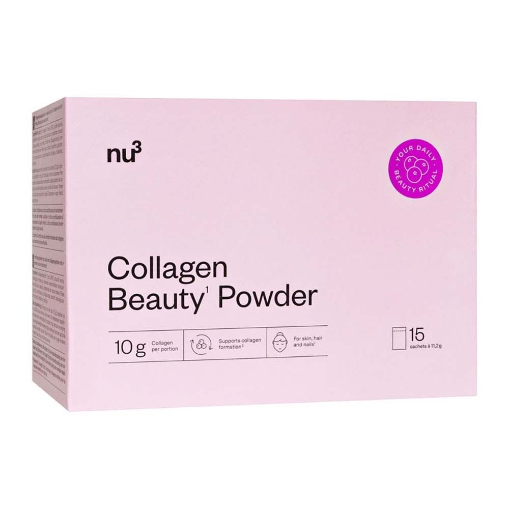 Roze verpakking met nu3 logo en tekst Collagen Beauty' Powder. Bevat 15 sachets.