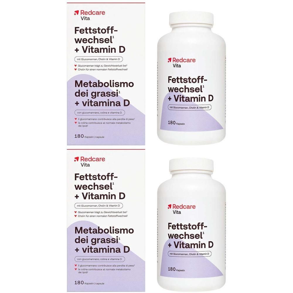 Deux boîtes et deux flacons Redcare Vita Fettstoffwechsel + Vitamin D. Inscription : 180 gélules.