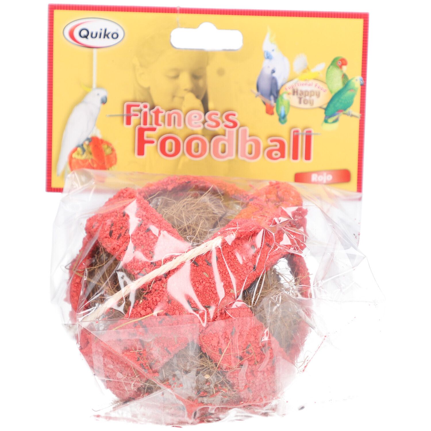 Quiko Fitness Foodball voor vogels, rode bal gevuld met kokos.