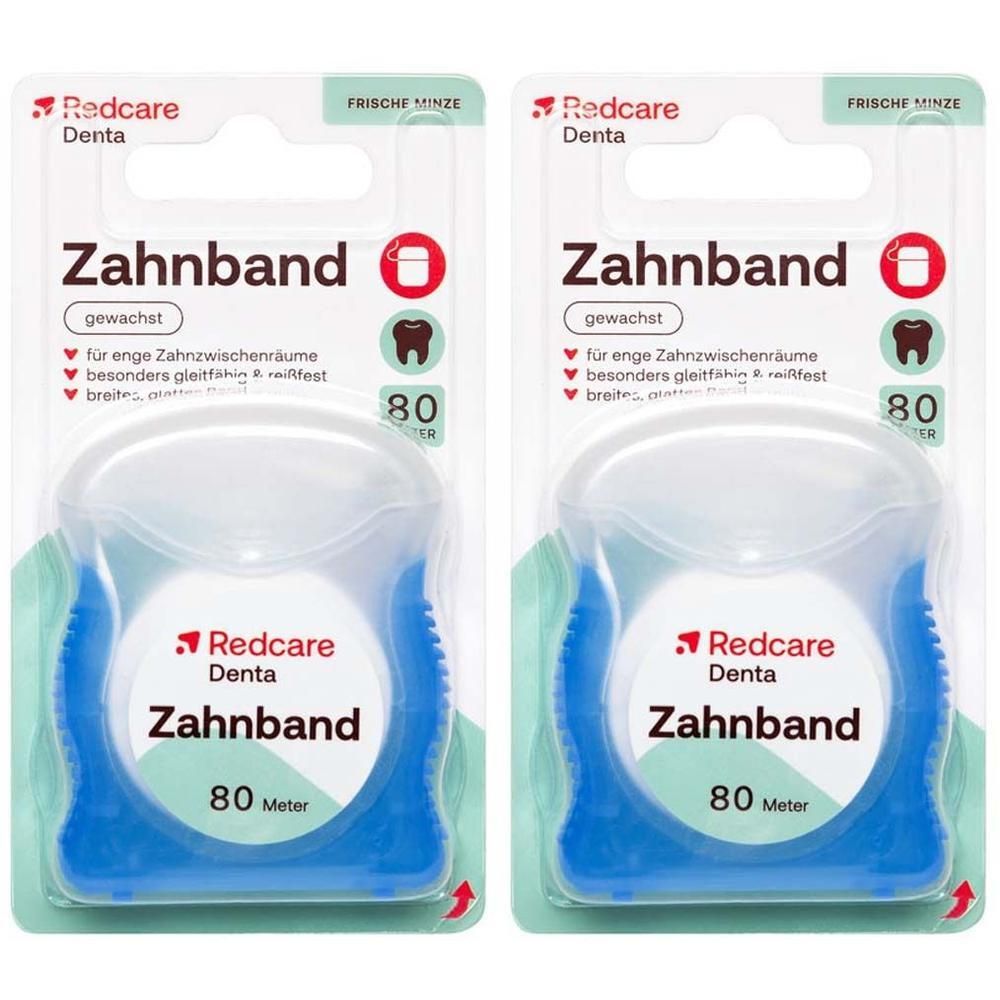 Deux paquets de fil dentaire Redcare Denta, 80 mètres chacun, menthe fraîche.