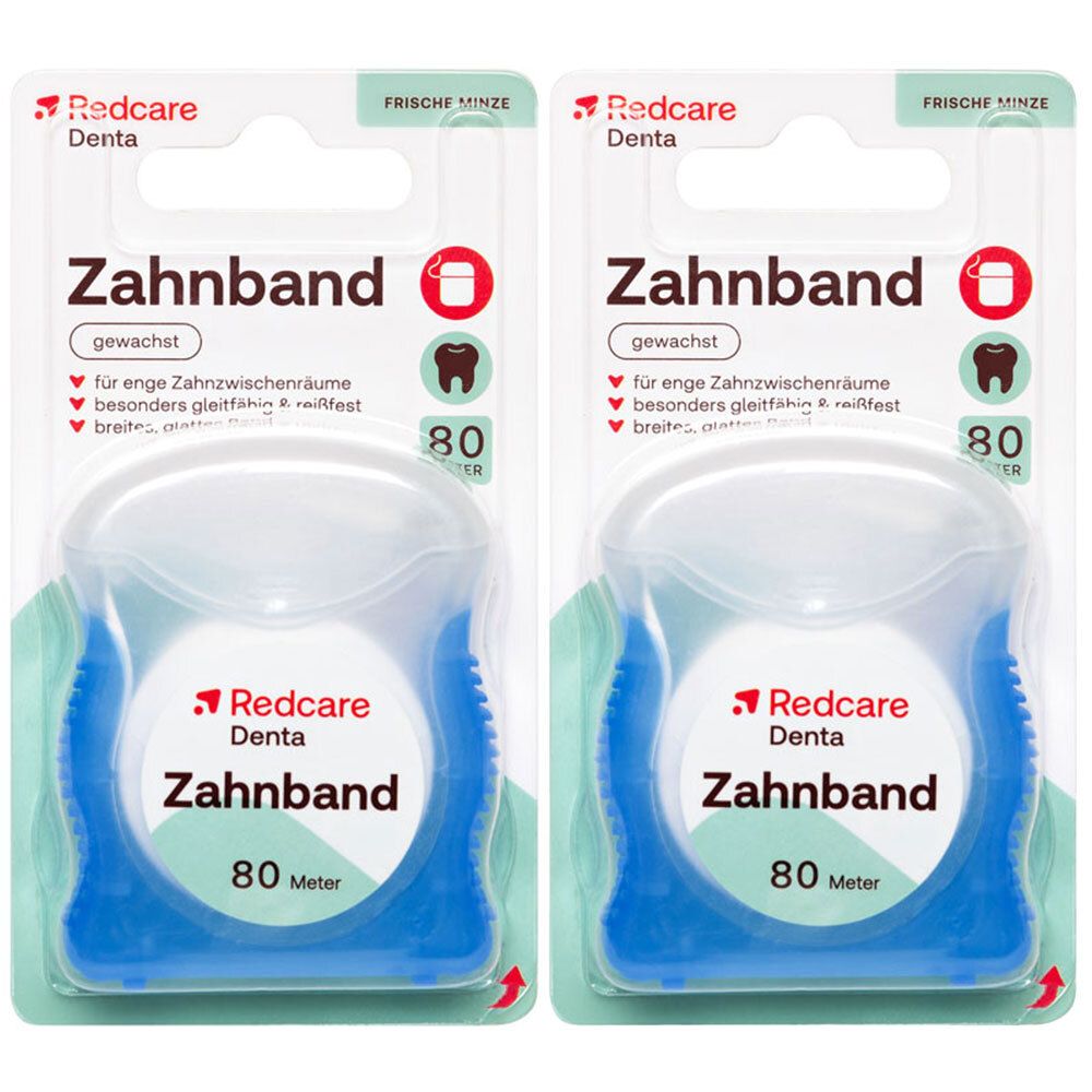 Twee verpakkingen Redcare Denta tandband, blauw-wit. Opschrift: 80 meter, gewaxt, voor smalle ruimtes.