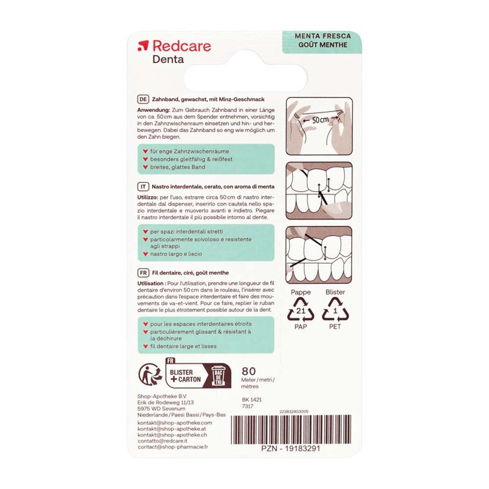Achterkant van de Redcare Denta tandband verpakking. Bevat instructies in het Duits, Italiaans en Frans. 80 meter.