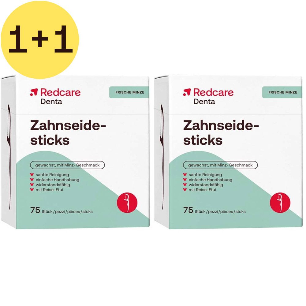 Twee verpakkingen Redcare Denta Zahnseidesticks met 1+1 aanbieding. Witte verpakking met naam en 75 stuks.