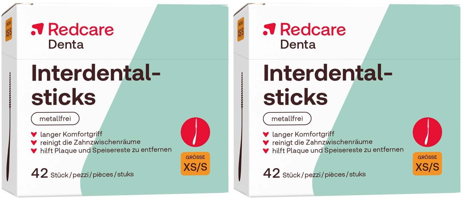 Twee verpakkingen interdentale sticks, merk Redcare Denta. Tekst: metaalvrij, 42 stuks, XS/S. Opschrift: reinigt de tandruimtes.