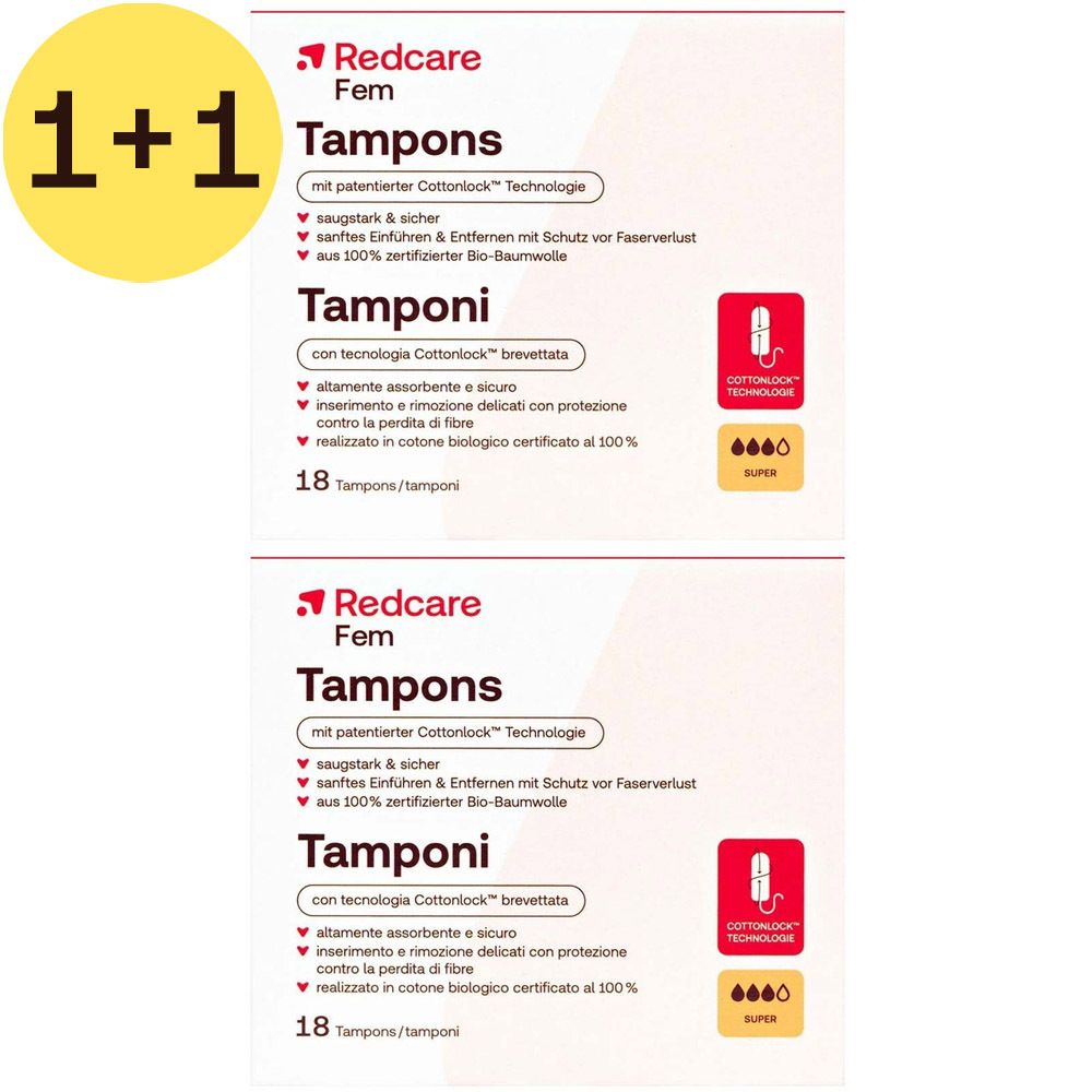 Twee verpakkingen Redcare Fem tampons. 1+1 aanbieding. Verpakking met productinfo en logo.