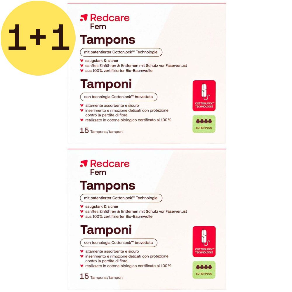 Twee verpakkingen Redcare Fem tampons. Opschrift: Tampons, Cottonlock technologie, 15 stuks, Super Plus.