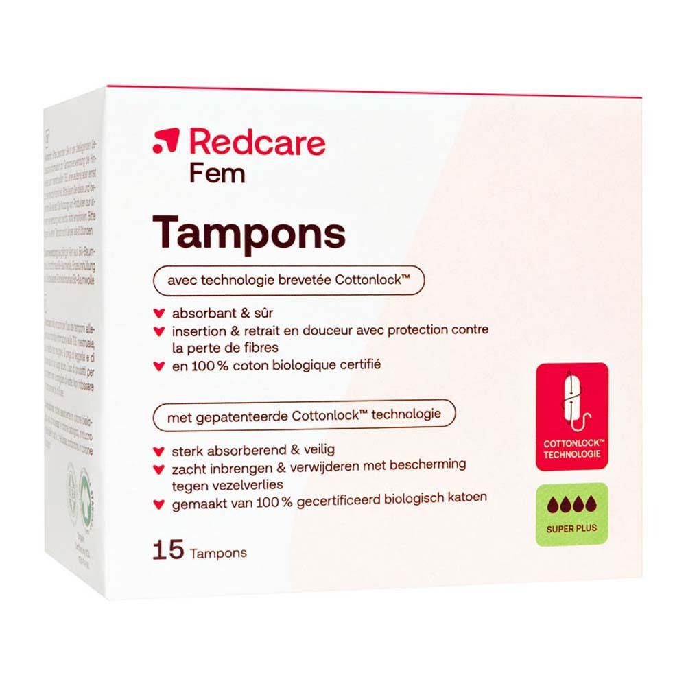 Verpakking van Redcare Fem Tampons. Bevat 15 tampons. Met Cottonlock technologie en Super Plus absorptie.